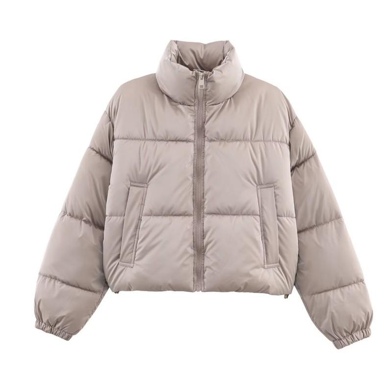 Womens Winter Short Cotton Puffer Jacket Stand Collar Long Sleeve Loose Fit Street Style
