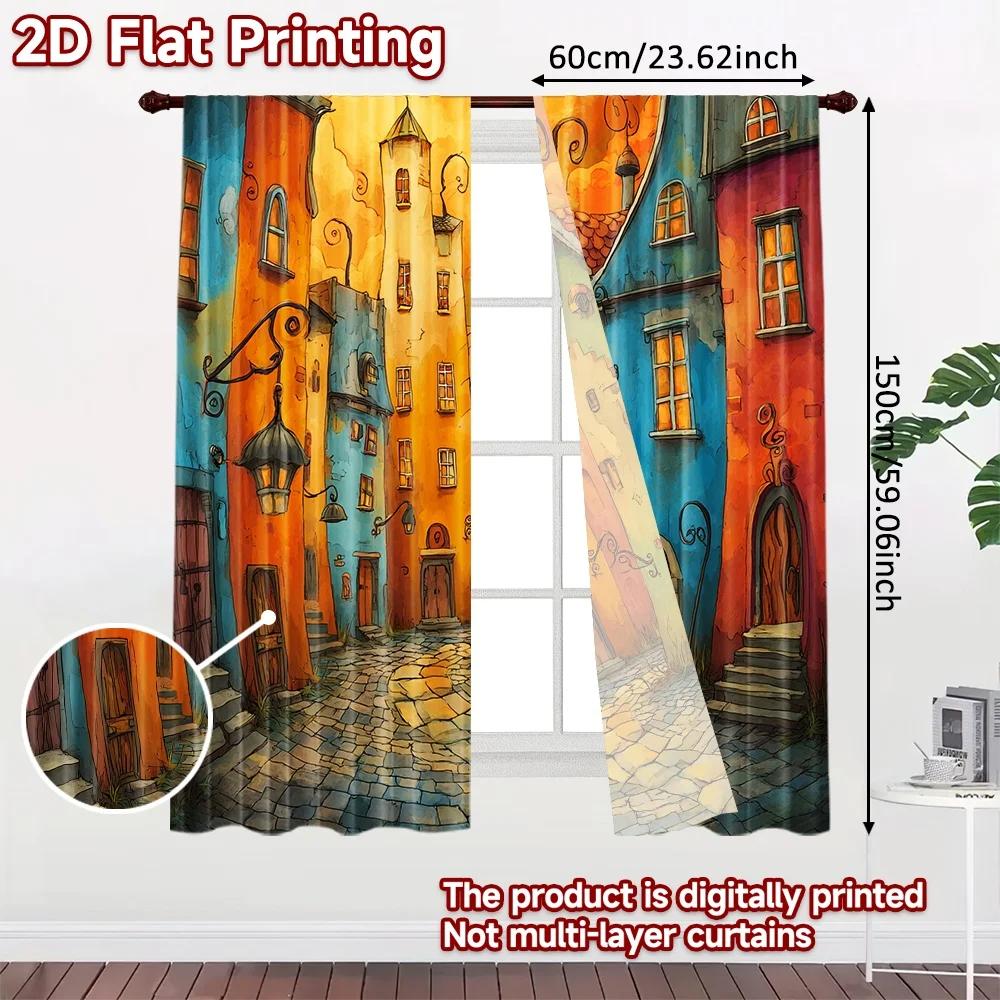 Set Of 2 Flat Printing Party Window Curtains Fairy Tale Village Digital Printed Polyester Drapes Decorations Perfect Curtain Made