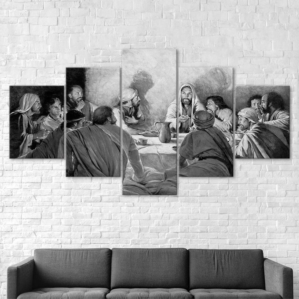 Jesus Christus Das Letzte Abendmahl Schwarz Weiß Szene 5-teilige Leinwand Wandkunst Fünfteiliger Druck Modernes Poster Heimdeko Bild Geschenk Für Ihn Sie