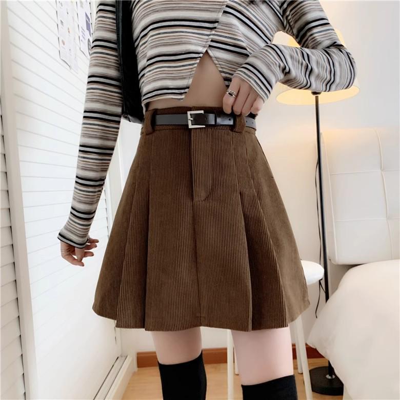 Korean Style A-Line High Waist Pleated Corduroy Skirt - Short, Anti-Exposure, 2024 Autumn/Winter Collection (No Belt)