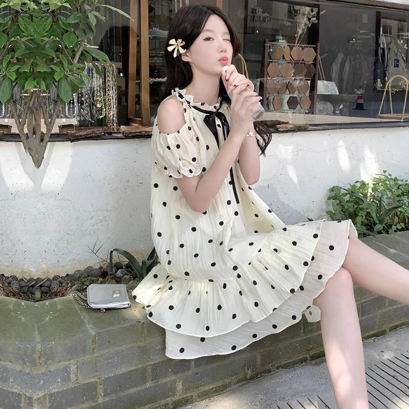 Women's Off-Shoulder Polka Dot Petite Dress – Summer 2026 Elegant French Style, Fluffy and Short