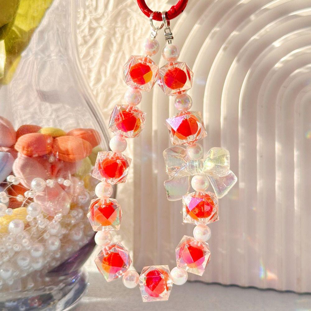 

Шарм для телефона, цепочка для мобильного телефона из бусин, брелок для ключей от машины с бантиком против потери, для женщины, девушки красный