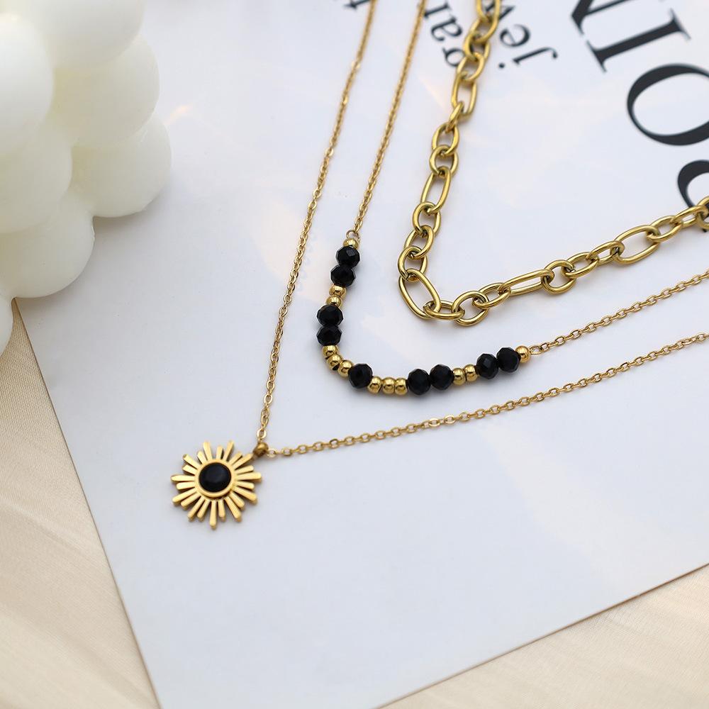 Jewelry Personalized Light Luxury Three-Layer Black Rice Bead Sun Pendant Necklace Female Versatile Niche Stacked Collarbone Chain