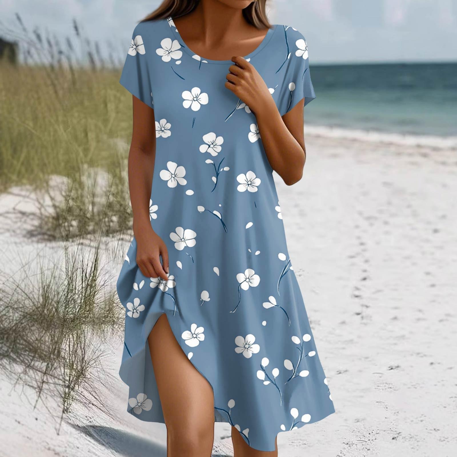 

Платье в стиле бохо с коротким рукавом для женщин, повседневное, свободного кроя, летнее, сарафан с цветочным принтом и карманами XL