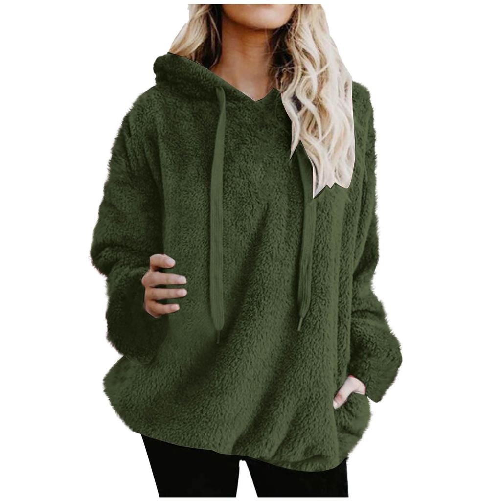 Women's Fashionable Warm Fleece Solid Color Hoodie Zipper Pocket Casual Sweatshirts