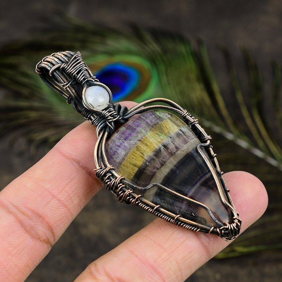 Natural Fluorite, Moonstone Gemstone Copper Wire Wrap Gift Pendant 2.99" J8D92