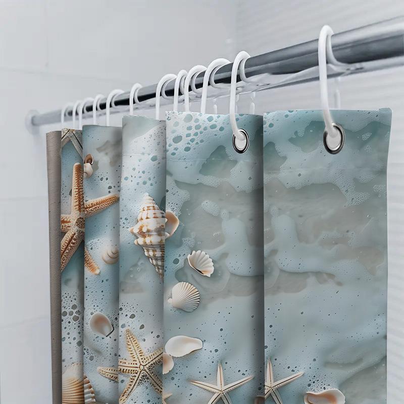 Beach Themed Shower Curtain With Sea Shells And Starfish Design - Waterproof And Durable Bathroom Decor For Coastal Home Style