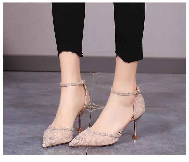 Summer 2025 new mermaid mesh rhinestone one-word buckle sandals crystal shoes medium high heel women's sandals