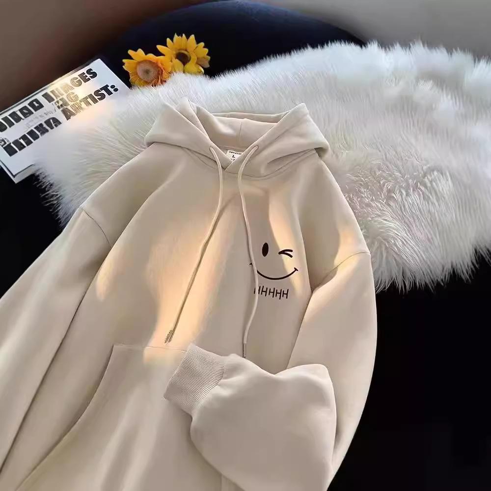 Smiling Face Unisex Hoodie - Spring/Autumn 2024 Trendy Fleece-Lined Loose Fit