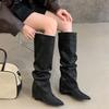 Vintage Black Pointed Folds Spice Girls High Heel Boots Women's Wedge Heel But Knee Straight Boots High Pants Boots