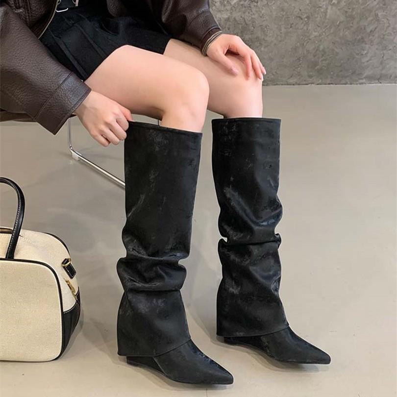 Vintage Black Pointed Folds Spice Girls High Heel Boots Women's Wedge Heel But Knee Straight Boots High Pants Boots