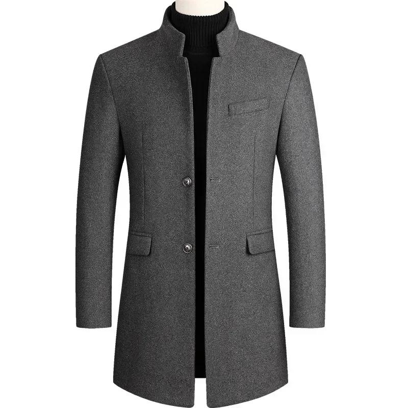 Mens Woolen Coat Autumn Winter Medium Long Windbreaker Thickened Stand Collar Male Trench Coat Abrigo Hombre