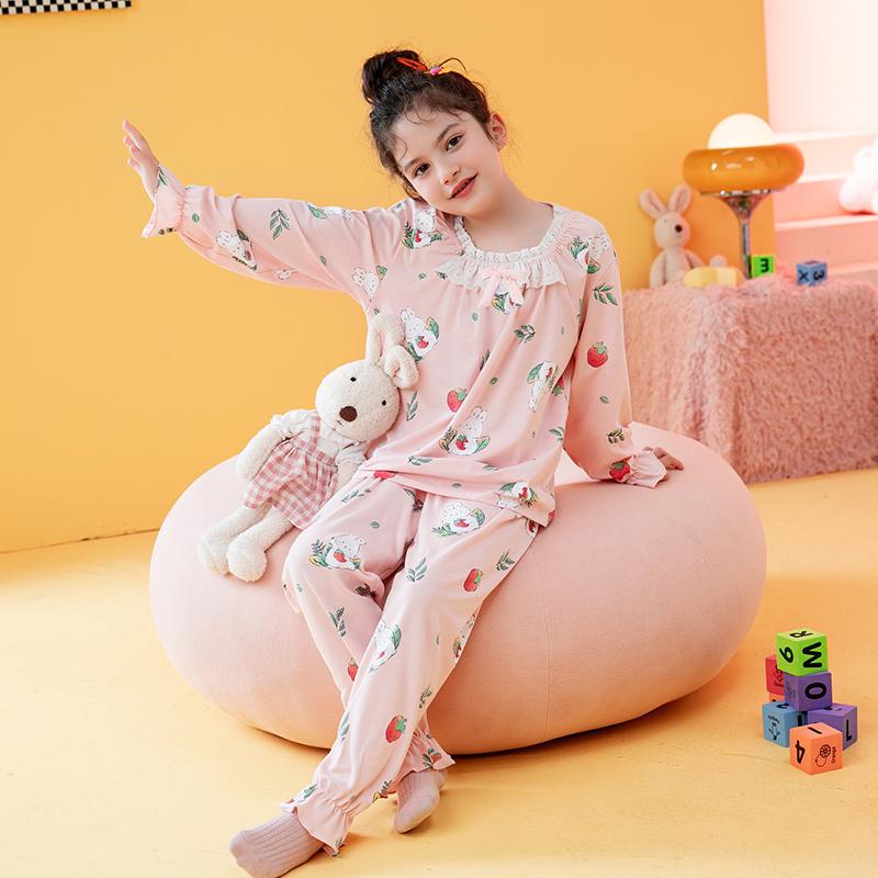 Fenteng Combed Cotton Strawberry Rabbit Lace Pajama Set for Girls