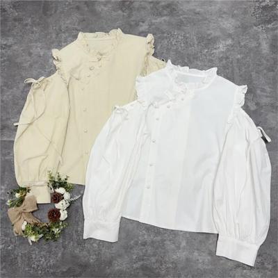 Chinese-style Buckle Cotton Long-sleeved Shirt Women Spring Autumn Loose Cut-out Off-the-shoulder Tops