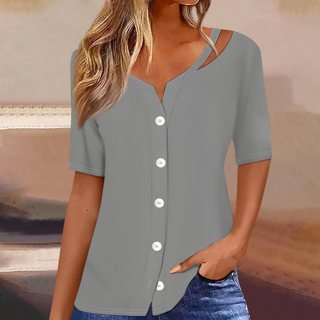 Damen T-Shirt mit Aufdruck, kurzärmelig, V-Ausschnitt, Knopfleiste, Strickjacke, T-Shirt, Top