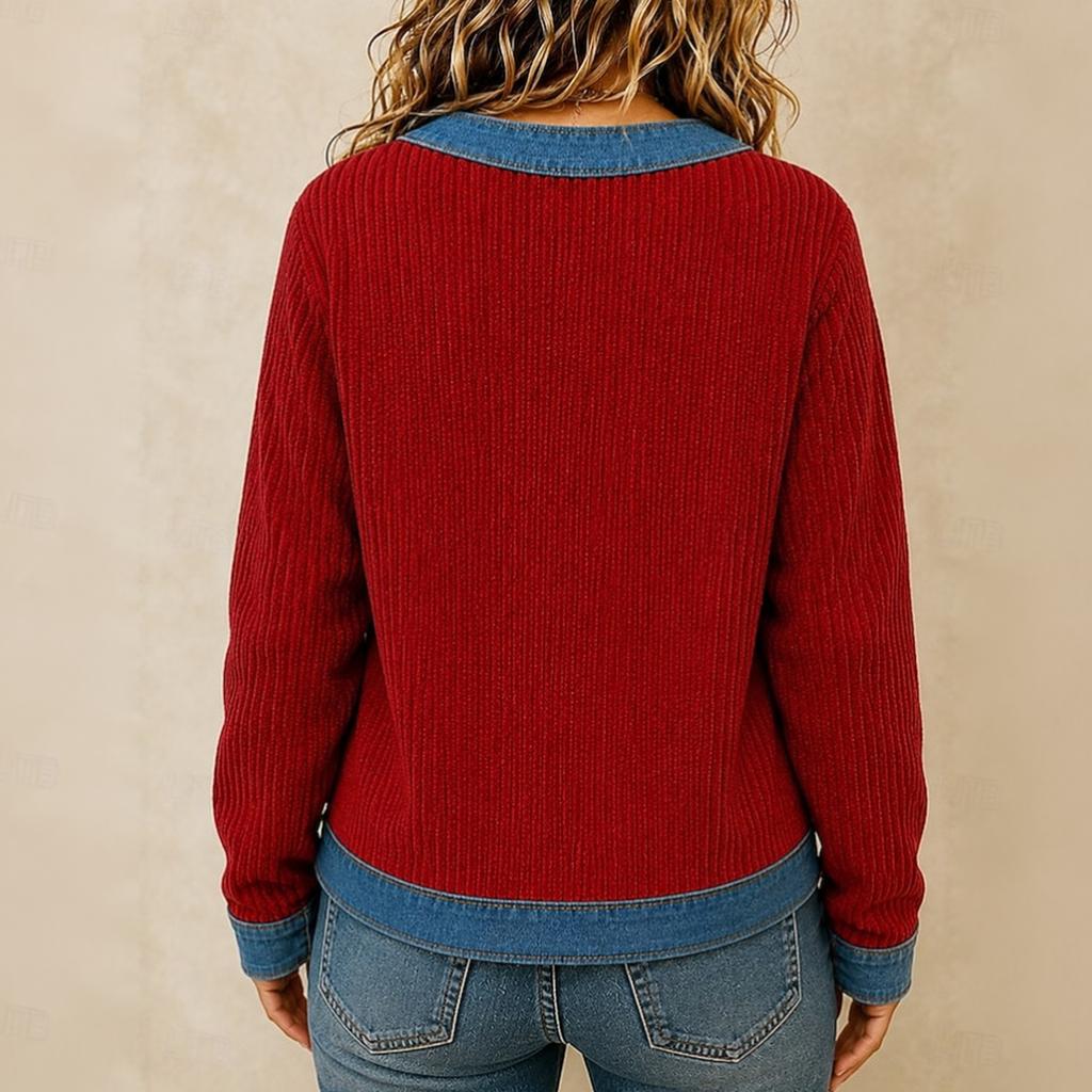 Giacca Cardigan Lunga da Donna Patchwork in Denim per Outfit Casual Autunnali Invernali