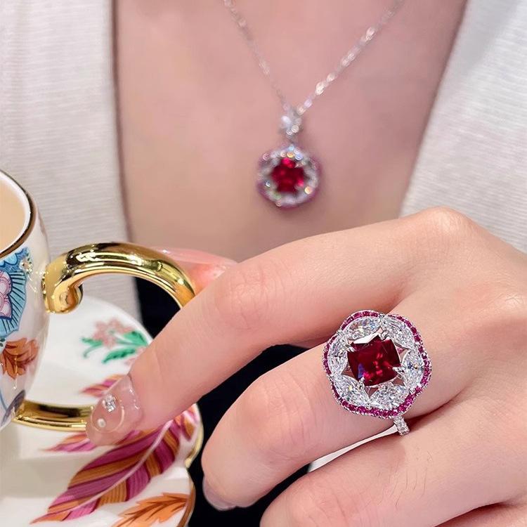 Luxury Full Diamond Red Corundum Necklace Pendant Female Radiant Cut Blue Spinel Ring High Carbon Diamond Stud Earrings