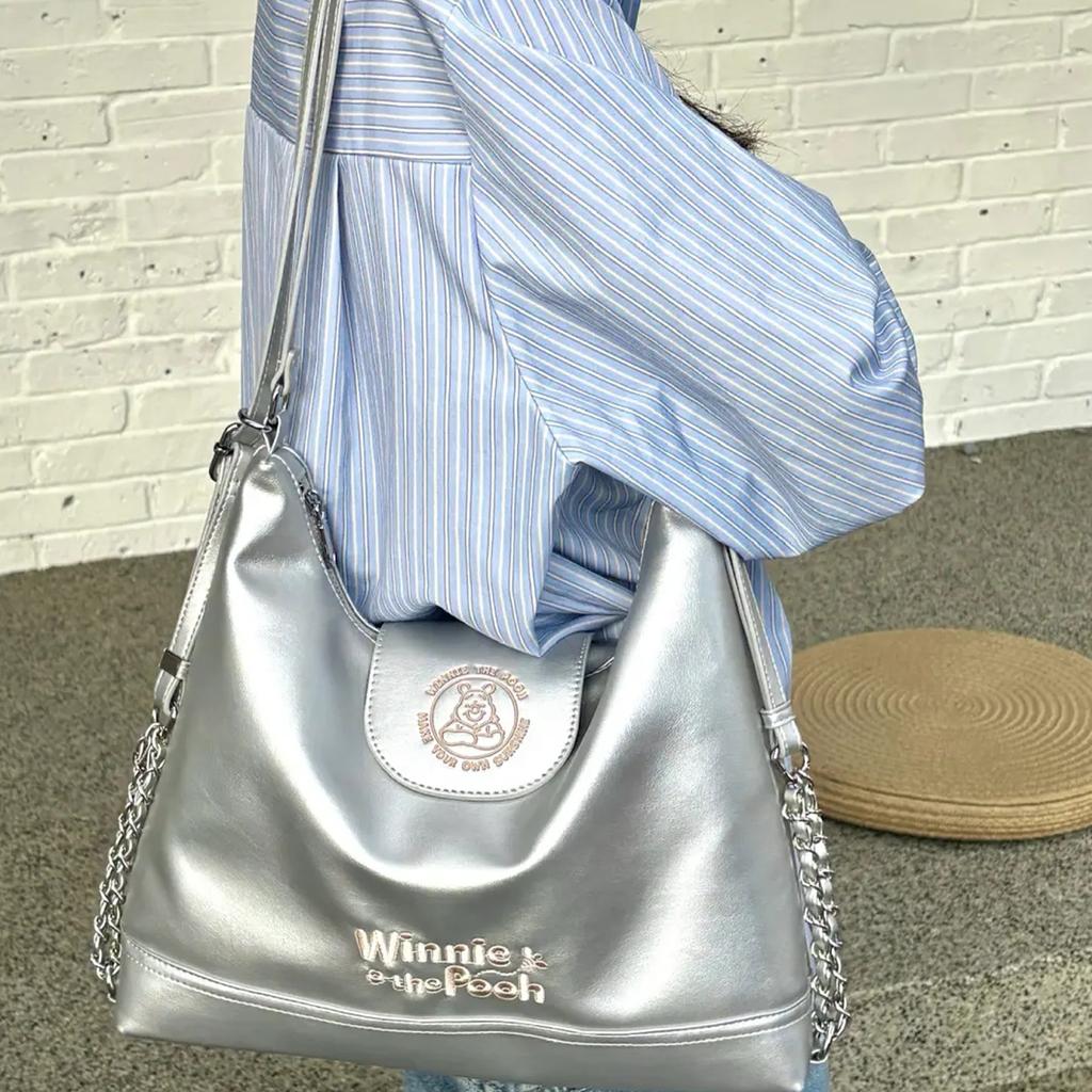 New Disney Winnie The Pooh Series Synthetic Leather Shoulder Bag Women's Silver BMK-72693