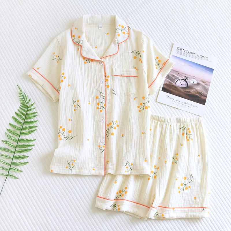 

Women s Summer Cotton Gauze Pajama Set - Short Sleeve Top and Shorts M