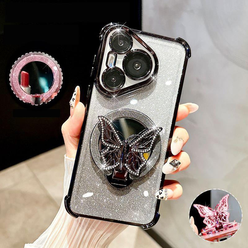 Butterfly Glitter Mirror Holder Phone Case For Huawei P30 Lite P40 P50 P60 Pura 70 Pro Mate 40 50 60 70 Shockproof Stand Cover