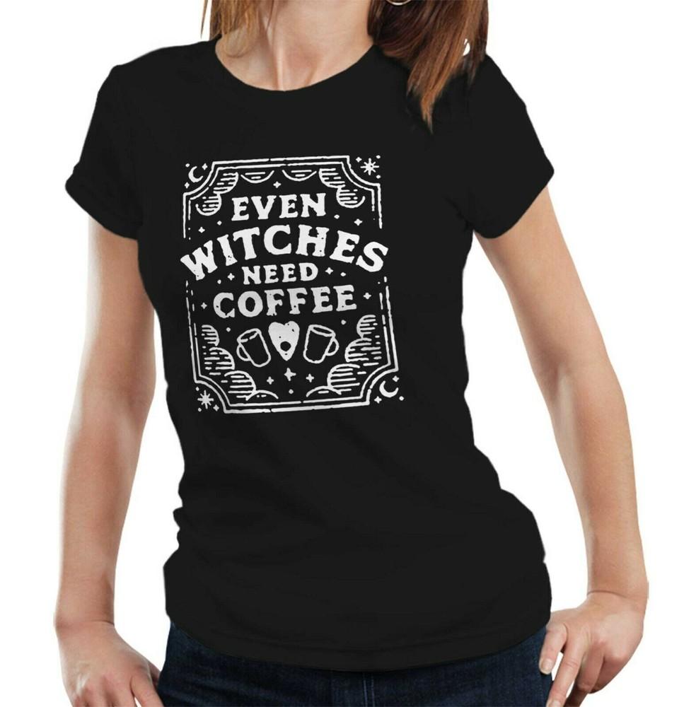 Even Witches Need Coffee Tshirt Semi Fitted Ladies Halloween Funny Ouija Gothic