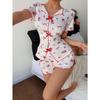 Women Heart Print Turn Down Collar Short Sleeve Shorts Pajama Loungewear Set