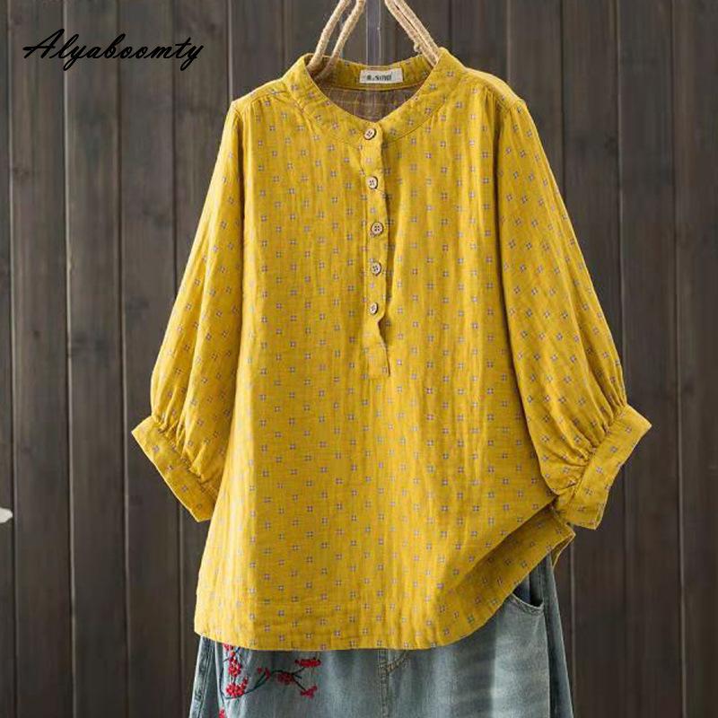 7 Colors Spring Summer Women Casual Blouse Stand Collar Pink Orange Yellow Blue Baggy Shirt Cotton Loose Ladies' Basic Blouse