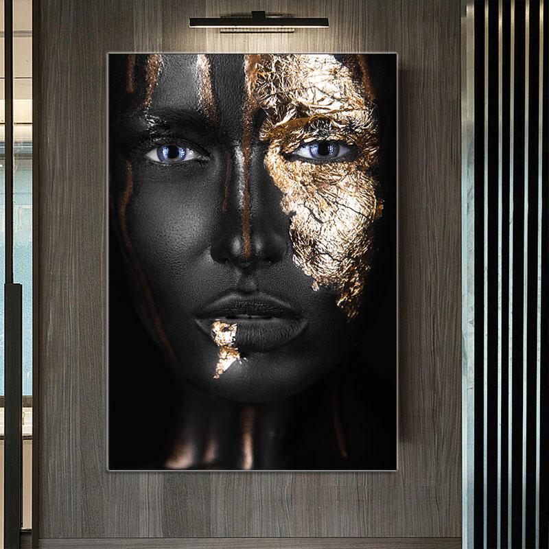 Gold and Black Woman Canvas Painting African Women Posters and Prints Cuadro Modern Wall Art Pictures for Living Room Decoration