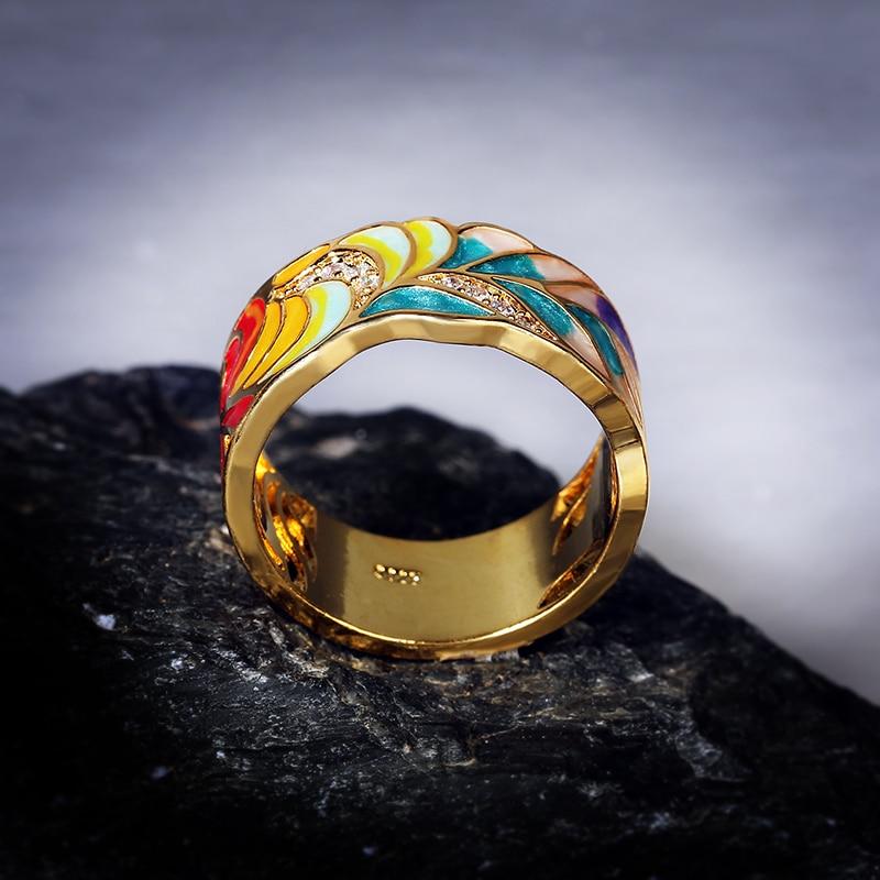 Ladies Silver Ring 925 Silver Plated Fashion Ring Golden Color Feather Zircon Ring Party Jewelry Enamel Handmade