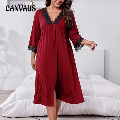 Pigiama da Notte Taglia L per Primavera ed Estate Donna Abbigliamento per la Casa Pigiama Manica Lunga Pizzo Intrecciato Scollo a V Ampio Camicia da Notte per la Casa