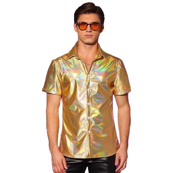 Pánská lesklá metalická košile s krátkým rukávem s klopou, zapínací na knoflíky, třpytivý disco outfit pro pódiové vystoupení, noční klub, taneční párty, bar
