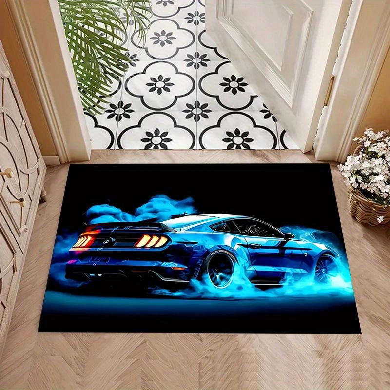 Blauer Sportwagen Design Teppich, für Wohnzimmer, Schlafzimmer, Spielzimmer Dekor - Auto Kunst Bodenmatte