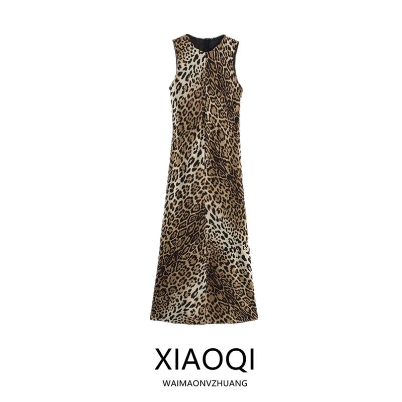 Fashion Style 2024 Autumn New Women's Leopard Print Sleeveless Silk Satin Texture Mid Length Long Length Dress 8404002