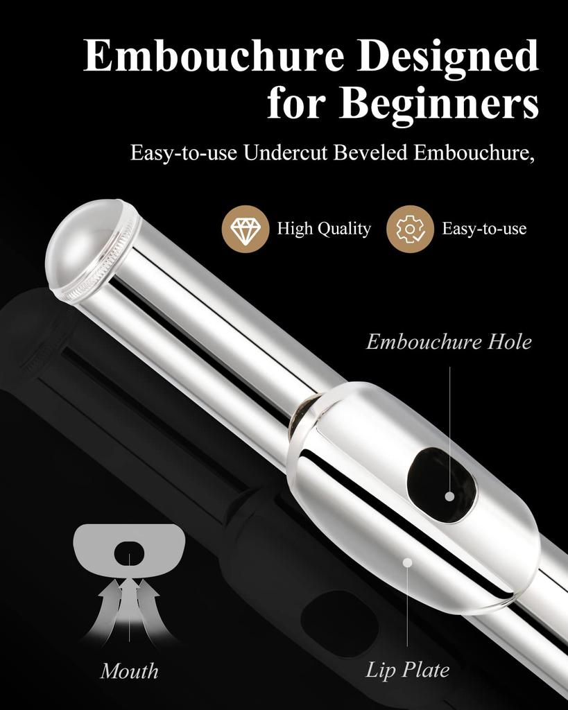 Eastar Flute, Covered Keys, 16 Holes, E Mechanism, Offset, Nickel Plated, with Stand & Professional Case, Beginner Set (Silver) - Perfect for School