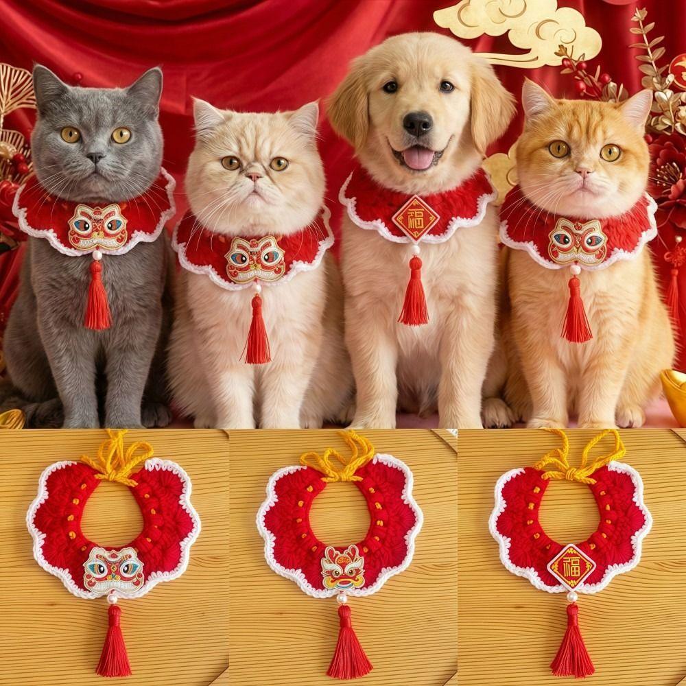 Handmade Cat Dog Scarves Lightweight Chinese Style New Year Cat Bow Tie Embroidery Pattern Red Tassels Knitted Pet Collar