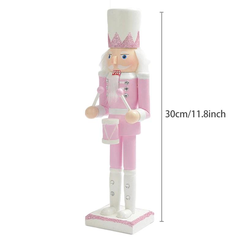 30cm Handmade Wooden Pink Nutcracker Soldier, Festive Collectible Tabletop Ornament, Unique Christmas Decor & Holiday Gift