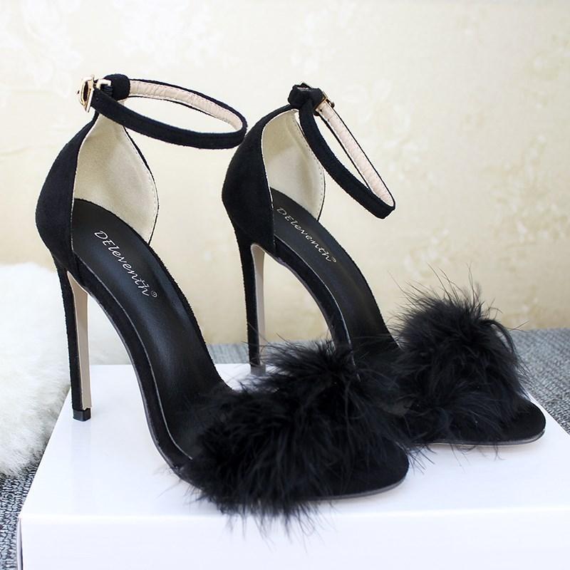 Fashion 2025 Nightclub Party Sexy Feather High-Heeled Sandals European And American One-Line Fish-Mouth High-Heeled Sandals Women'S Plus