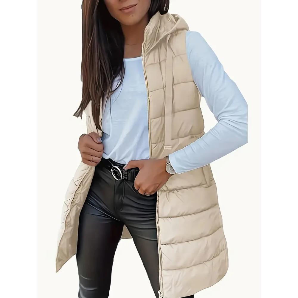 Autumn Winter Solid Color Hooded Zip Cotton Vest Women Mid-Length Plus Size Padded Gilet Coat