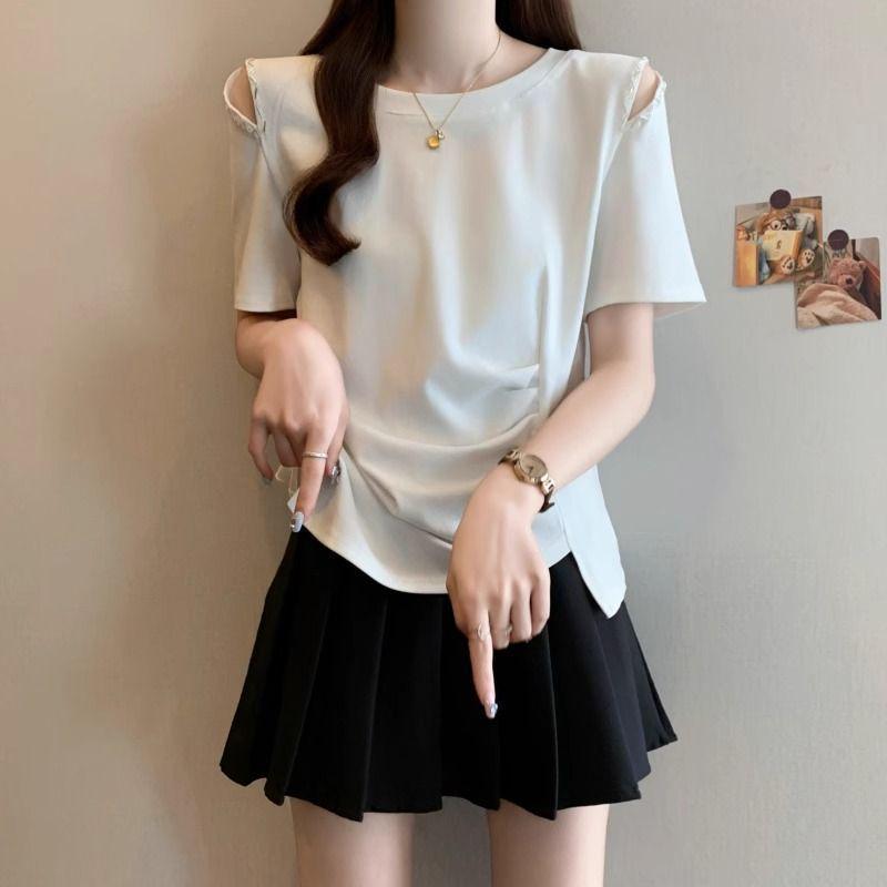 Plus Size One-Shoulder Beaded Hollow-Out Short-Sleeve T-Shirt, Summer Slimming Loose Fit