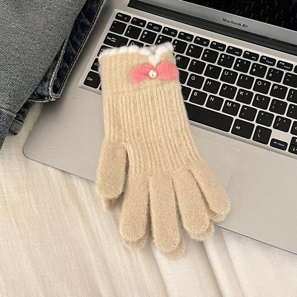Bow knitted gloves women winter velvet warm cold students outdoor riding electric vehicle five fingers touch screen tide