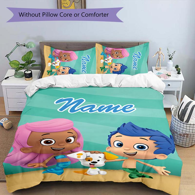 3pcs Bubble Guppies Cover Set - Personalized Name, HD Printed Bedding with 1 Cover and 2 Pillowcases - Perfect for Home Decor, Easy Care