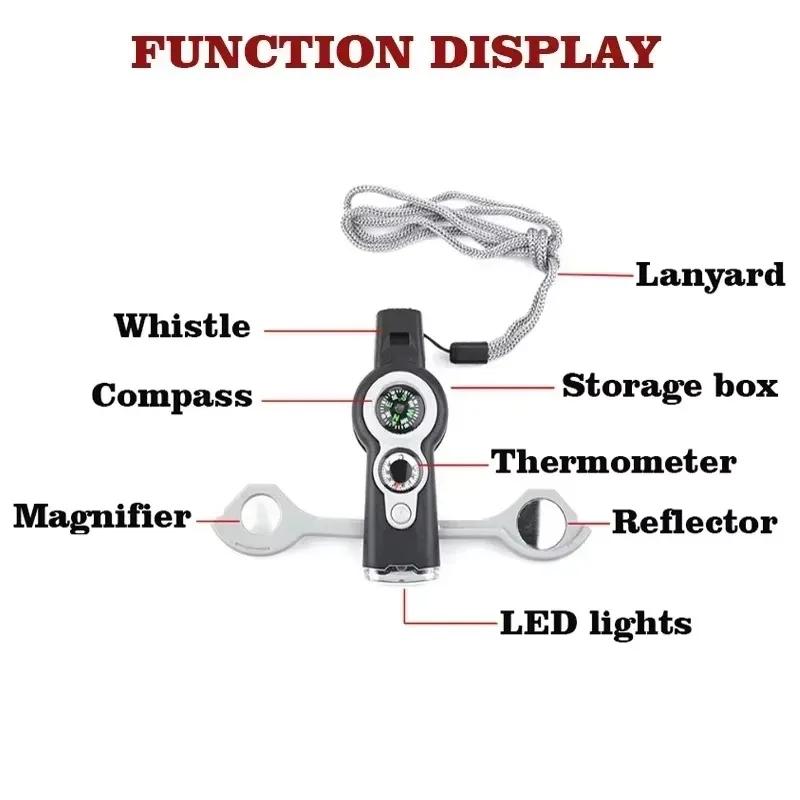 7 In1 Outdoor Survival Whistle Emergency Tools Camping Hiking Rescue Emergency Loud Whistle Compass Thermometer Magnifier