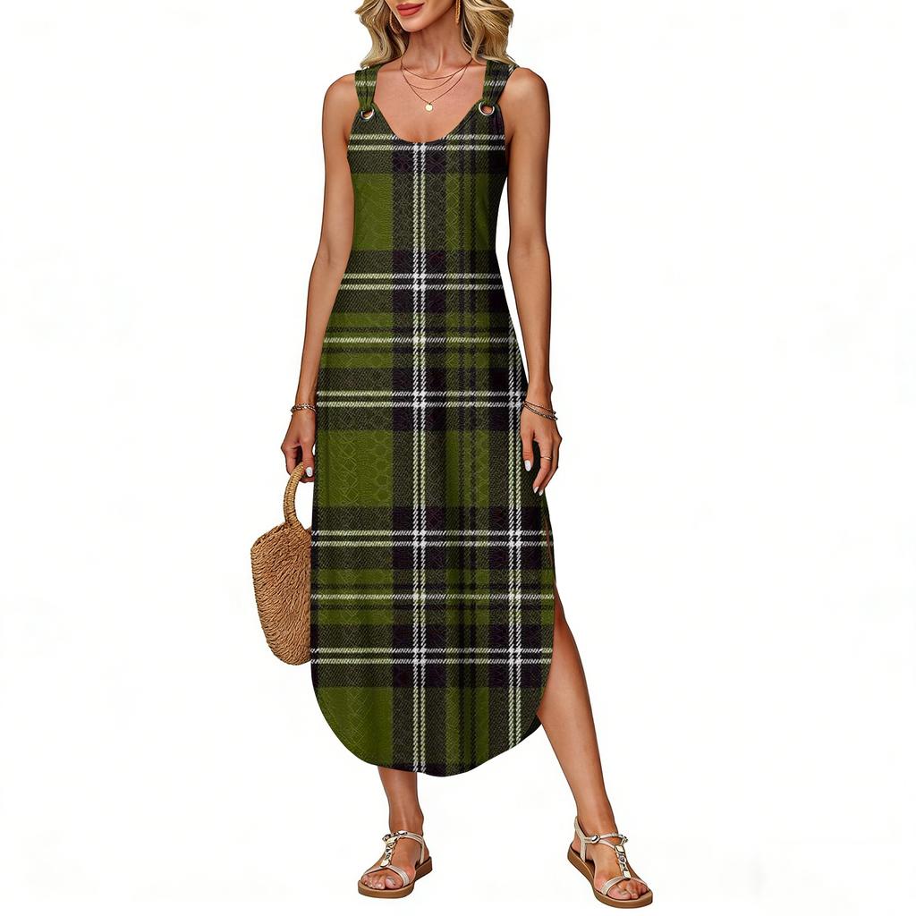 Women's Summer Long Dress, Sleeveless with Side Slits, Long Plaid Printed Vest Dress