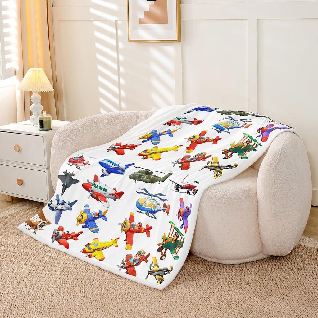 Various Cartoon Aircraft Biplane Jet Helicopter Clean White Background Pattern Flannel Throw Blanket, Warm Cozy Blanket