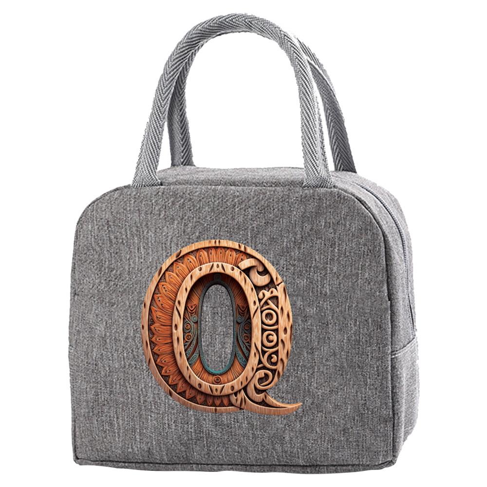 Portable Food Insulation for Traveling Wood Art Letter Printing Box Picnic Waterproof Oxford Zipper Insulation Lunch Bag