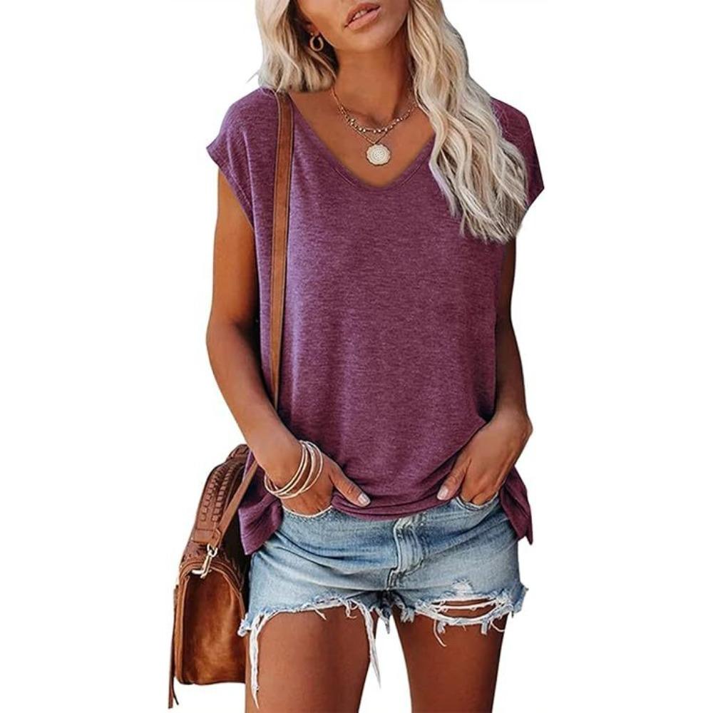 Women's Solid Color V-Neck T-Shirts, Lightweight Soft Cotton Tees for Spring & Summer, Casual Daily Basic Tops