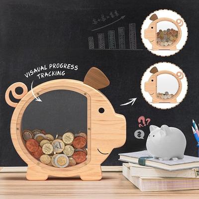 1pcs Wooden Creative Savings Jar Transparent Coin Storage Box Desktop Money Storage Container Home Decoration