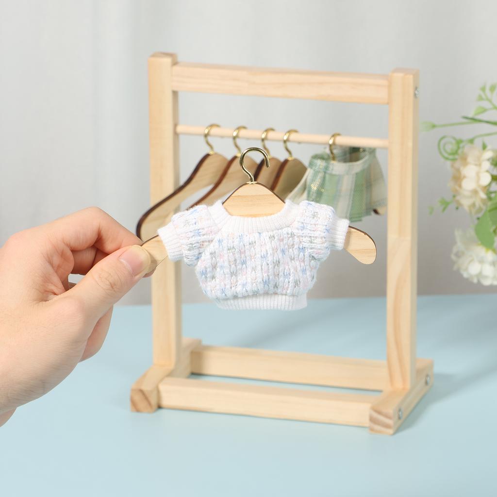 2Pcs Miniature Clothes Rack Wooden Doll Clothes Closet with 12 Hanger Mini Floor Drying Rack Clothes Storage Rack Small Wardrobe