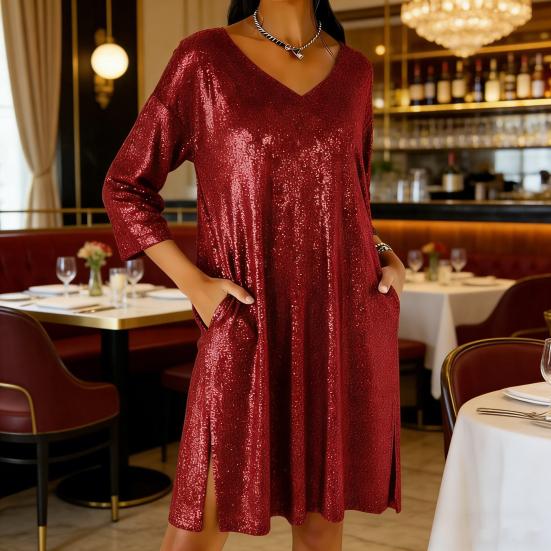 Women's Sequin Mini Dress Glitter 3/4 Sleeve V-Neck Dress Sparkly Cocktail Party Club Split Dress with Pockets
