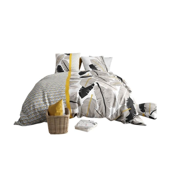 Parure De Lit - Housse Couette + 2 Taies - 260 X 240 Cm - Motif Plumes - 100% Coton Doux